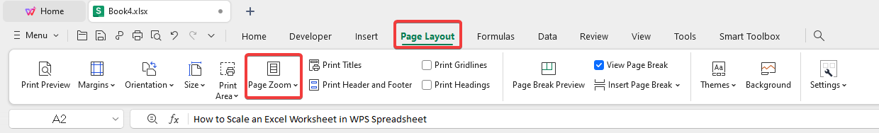 Page Layout tab and Page Zoom option