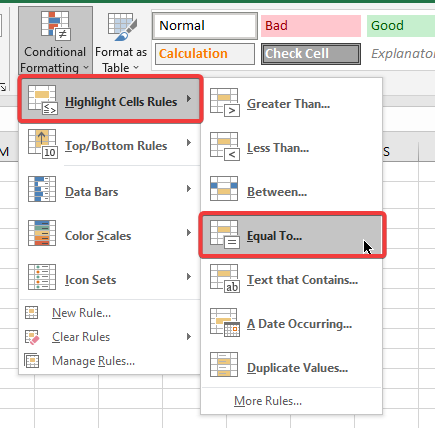 Highlight Cells Rules and Equal To Option