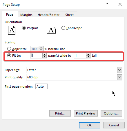 Scaling option select Fit to