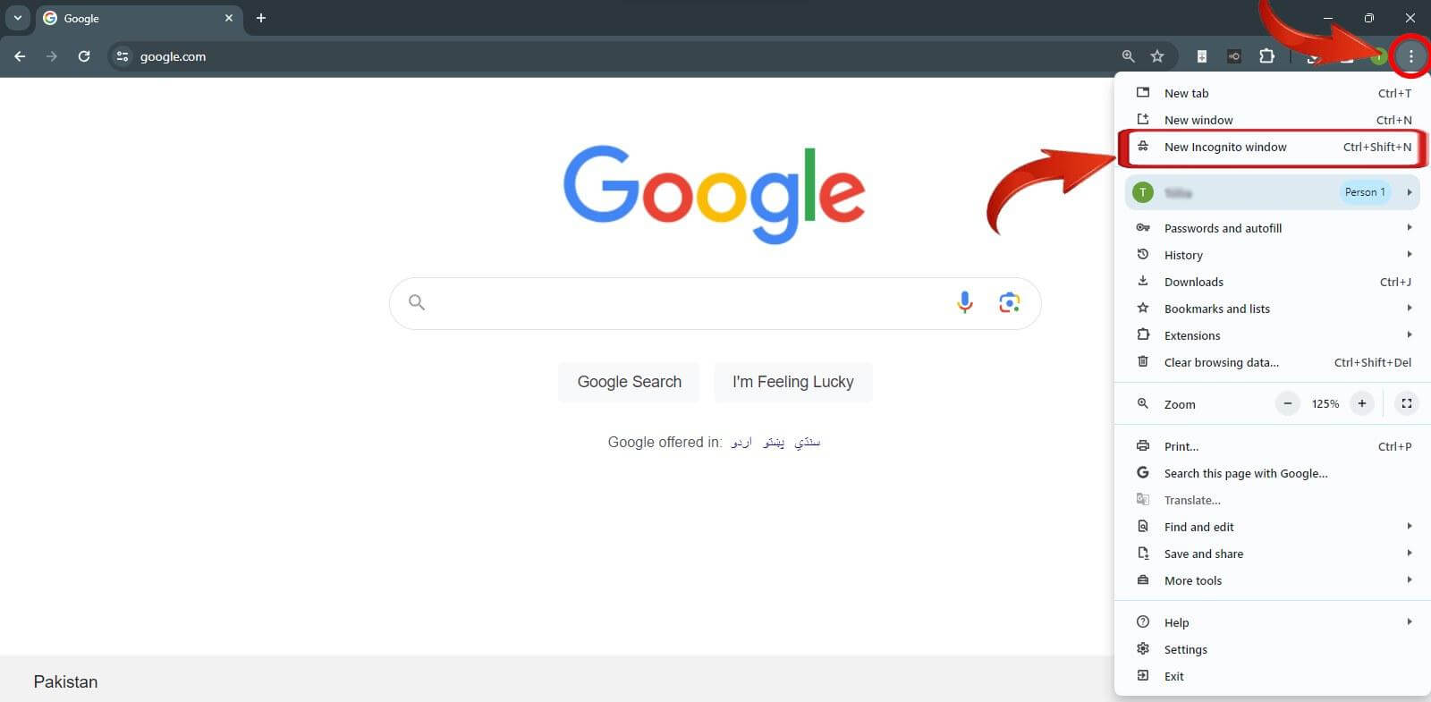 Google Chrome New incognito window