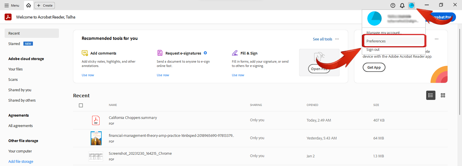 Acrobat Reader account preferences