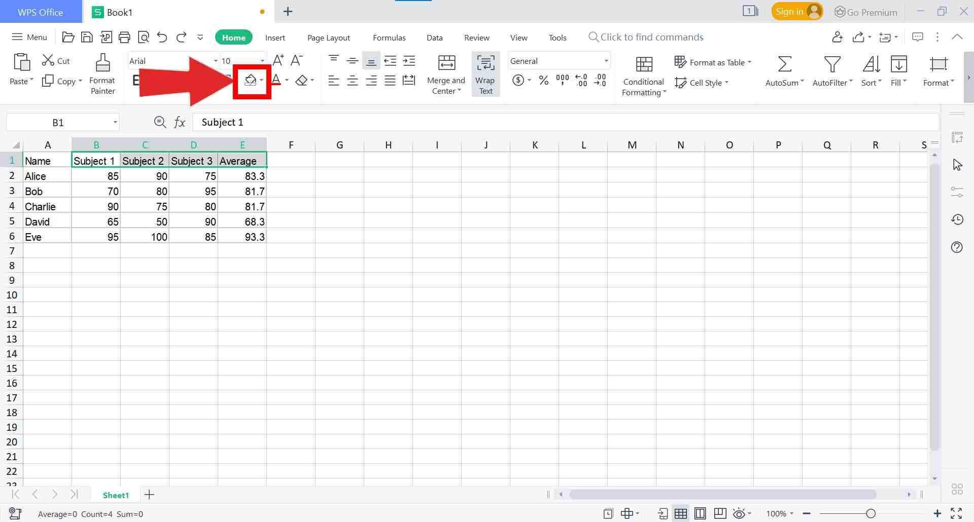 Fill color option in WPS Spreadsheets