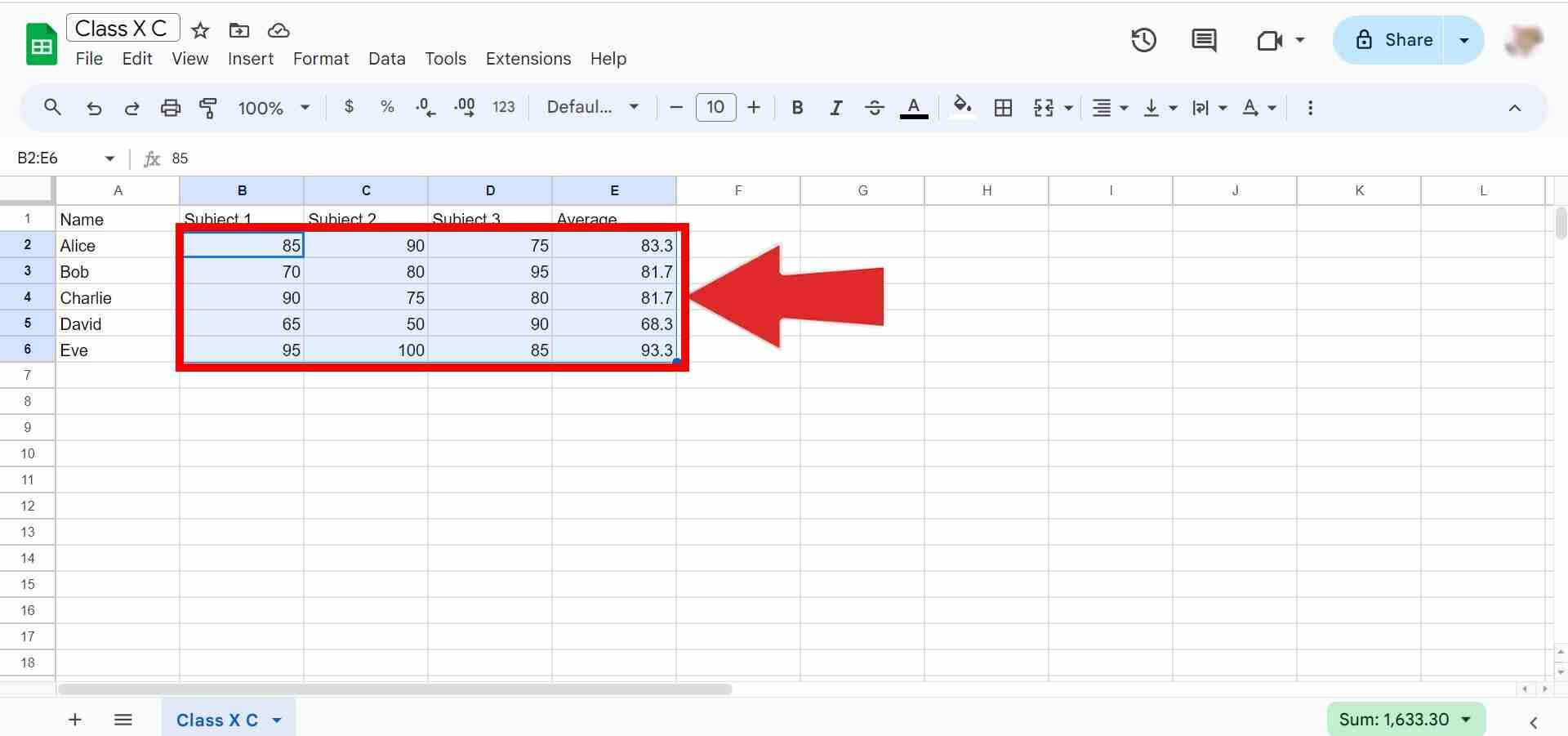  Click and drag to select Multiple cells in a spreadsheet
