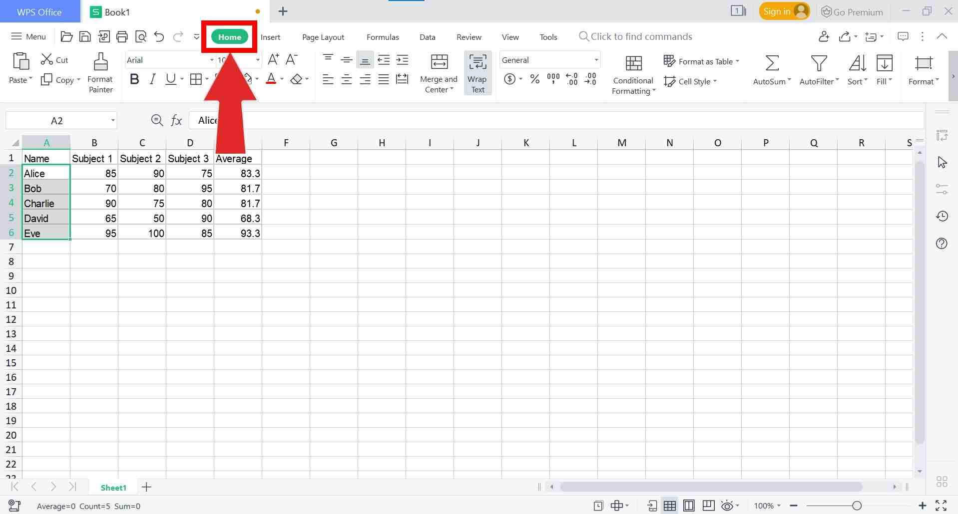 Home tab in the WPS Spreadsheets