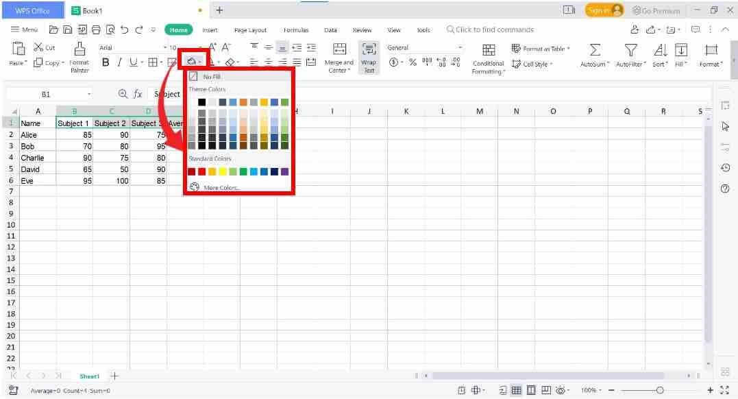  color options in WPS spreadsheets