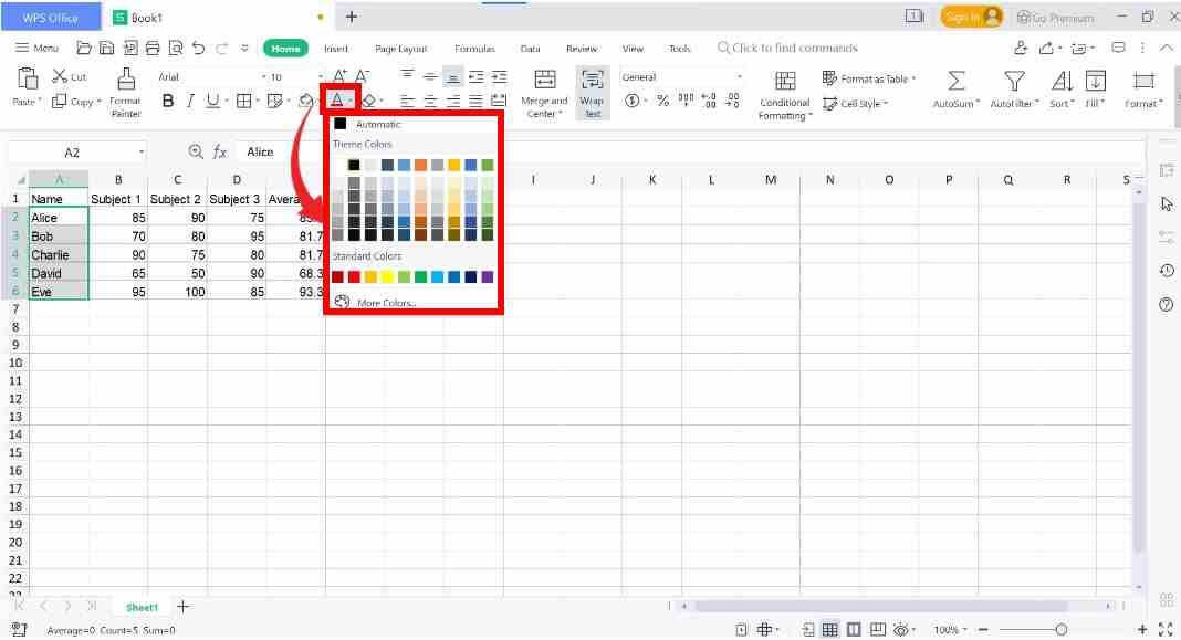 Color palette in WPS office Spreadsheets