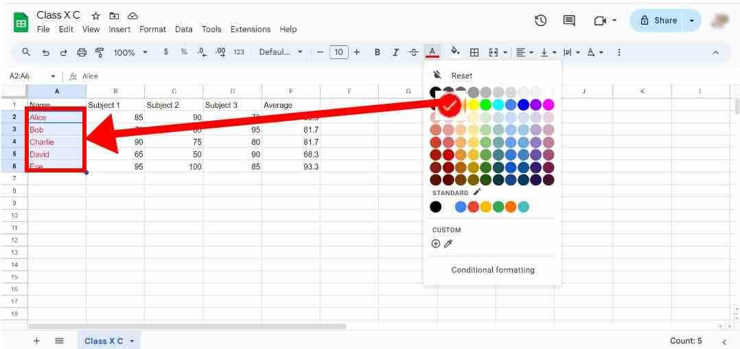 Change the color of text in spreadsheet