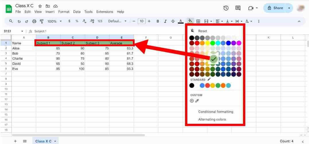 Color fill cells in Google Spreadsheets