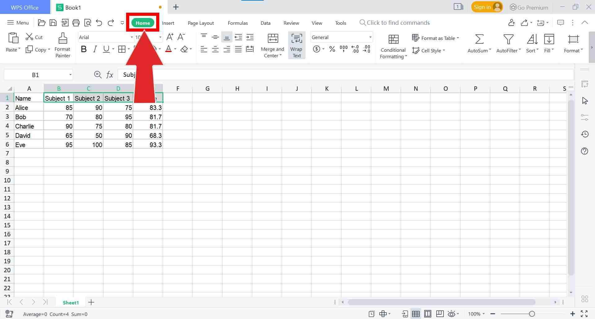  Home tab in the WPS Spreadsheets