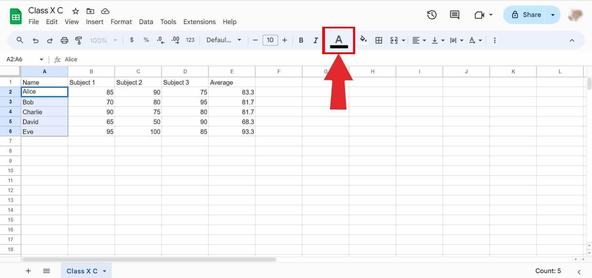 Text color option in Google Sheets