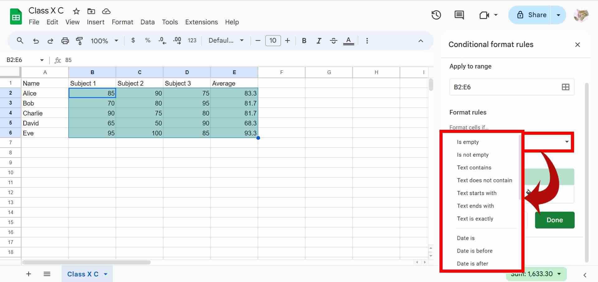 Conditional formatting options in Google Spreadsheets