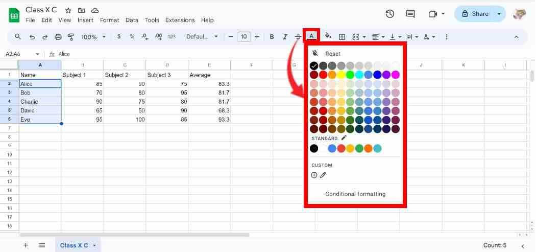  Text color option in Google Sheets