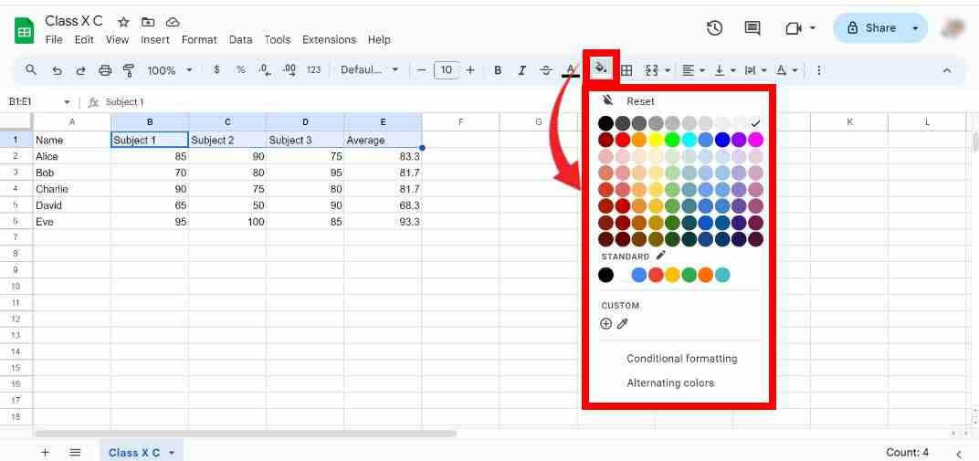 Color Palette to fill cells in spreadsheet