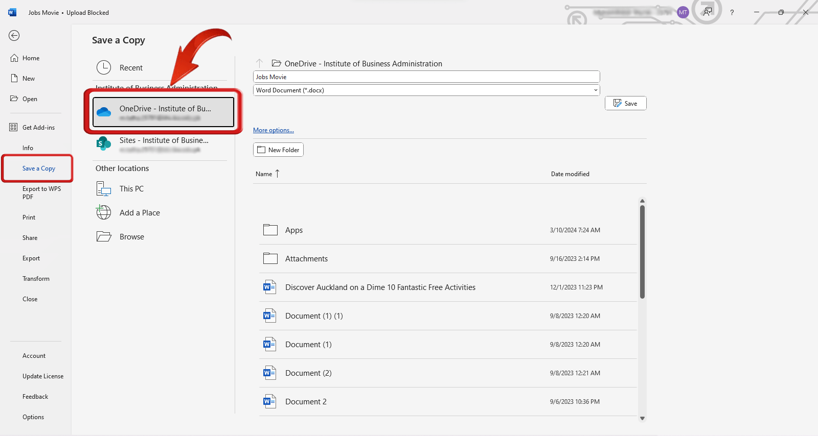 Microsoft Word Save a copy in OneDrive