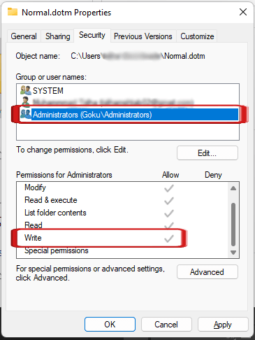 File Administrator Write permissions