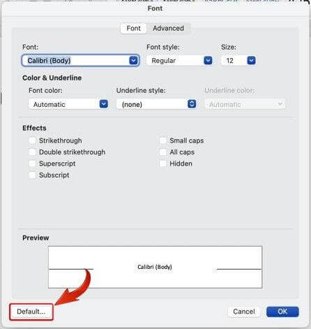Microsoft Word Mac set new font as default