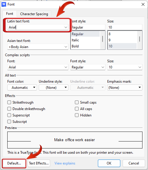 WPS Writer set new default font