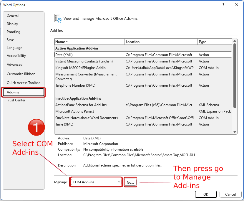 Microsoft Word Options Manage Add-ins