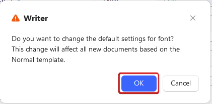 WPS Writer confirmation message to set new default font
