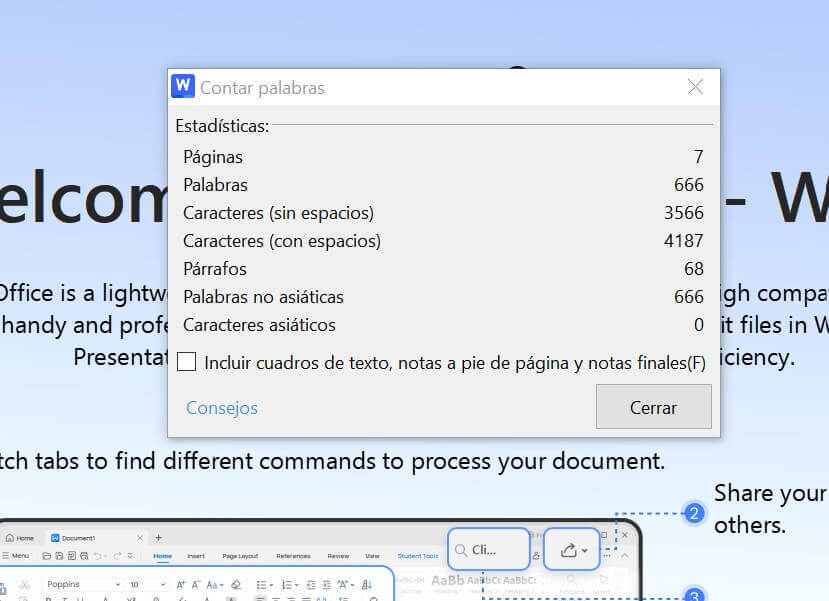 Recuento de palabras de WPS Office