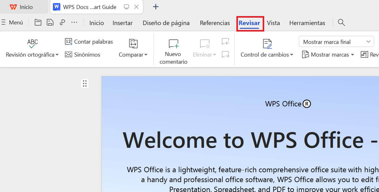Opción de revisar de WPS Office