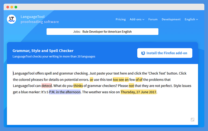LanguageTool Spell Check User Interface