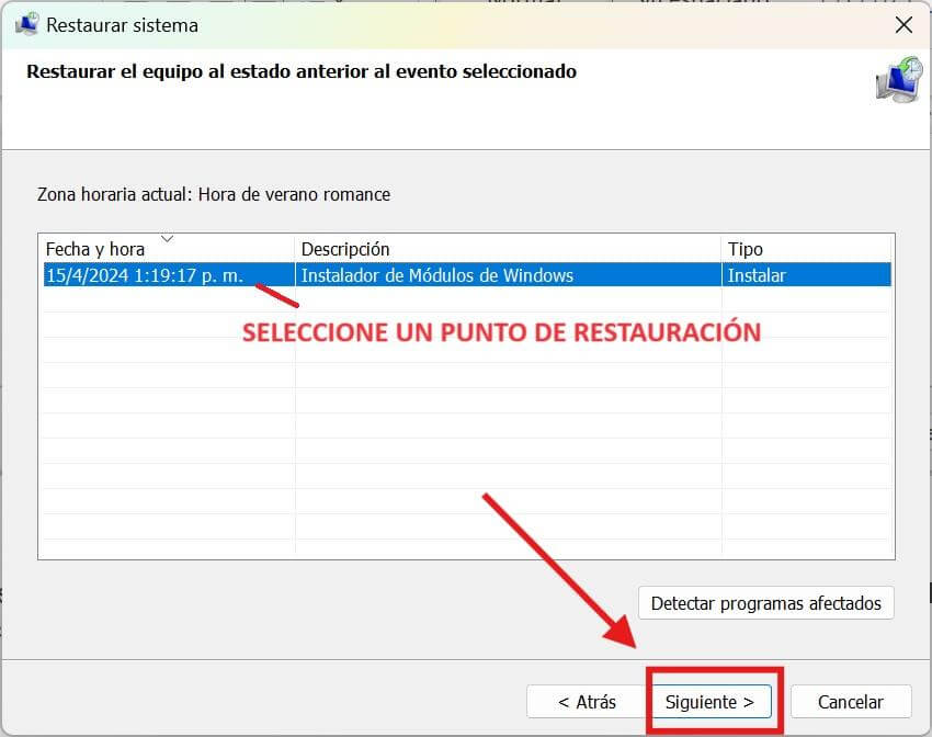 Seleccione un Punto de Restauración del Sistema en Windows