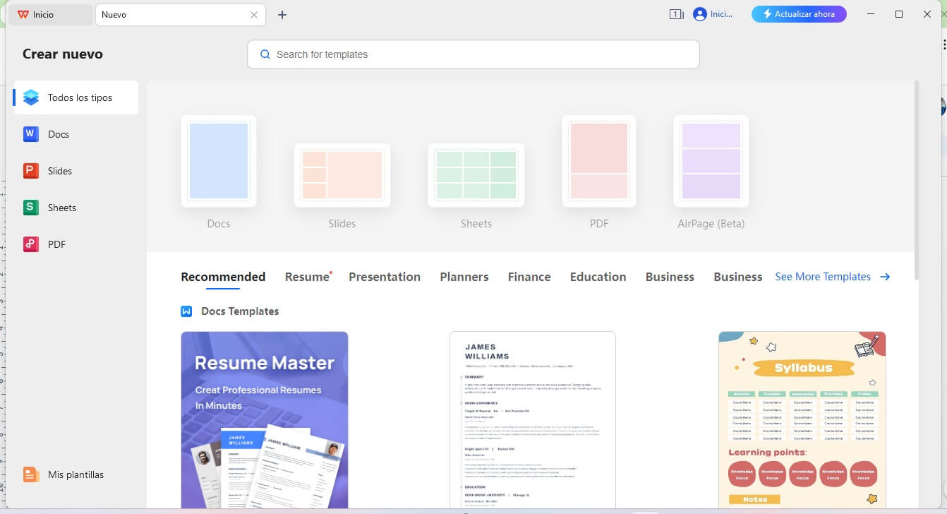 Interfaz de WPS Office