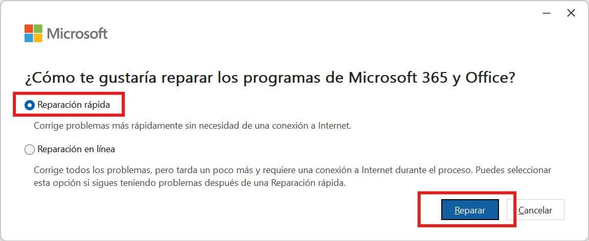 Opción de reparación rápida en Microsoft Office