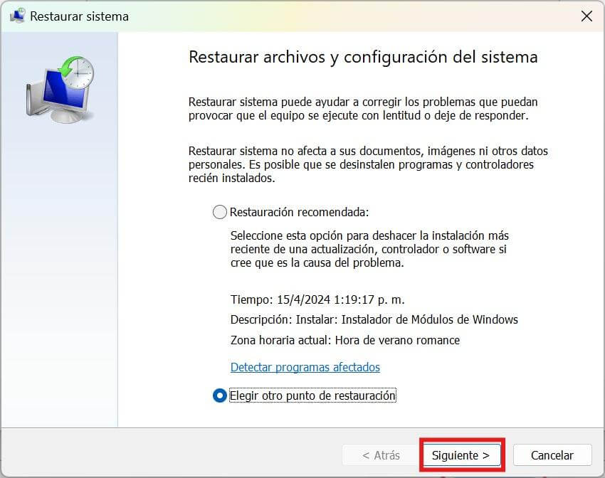 Cuadro de diálogo de Restauración del Sistema de Windows