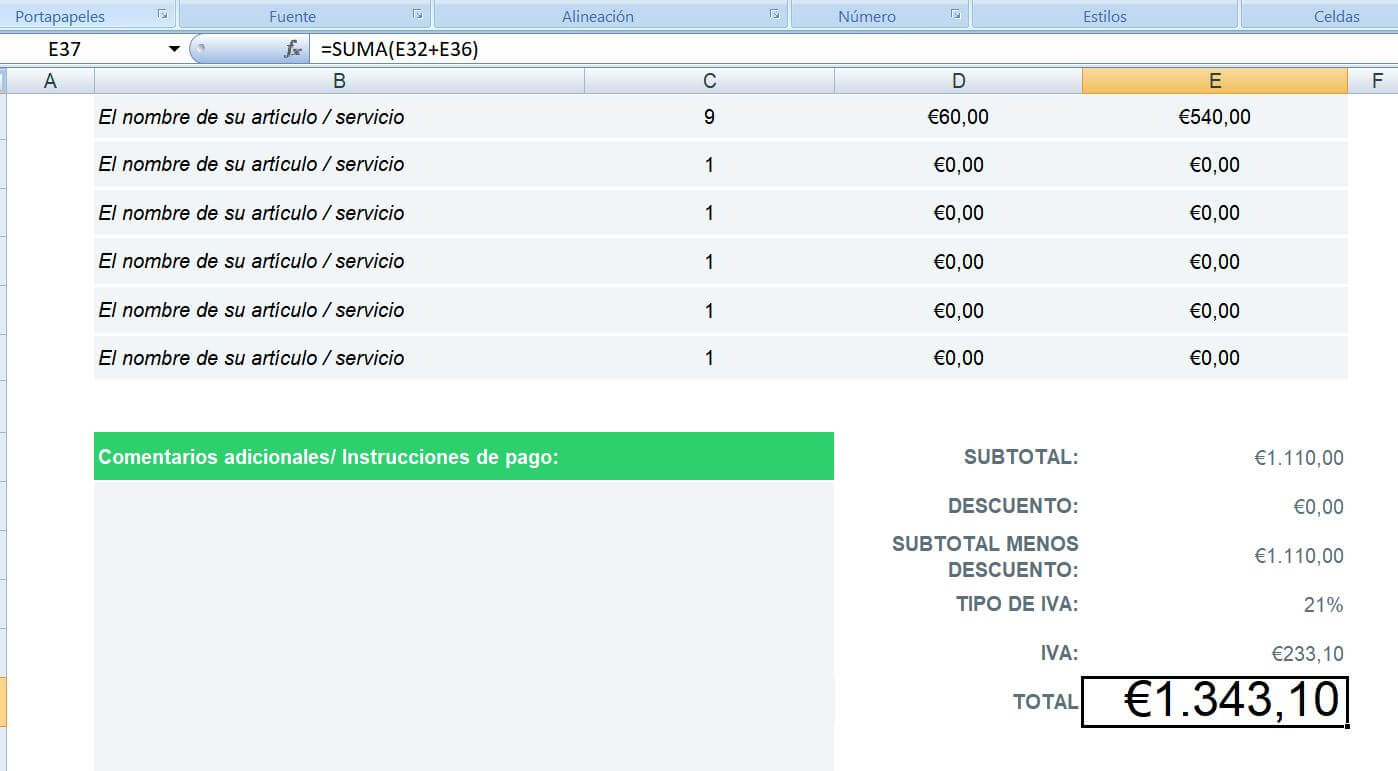 Calcular el total de la factura