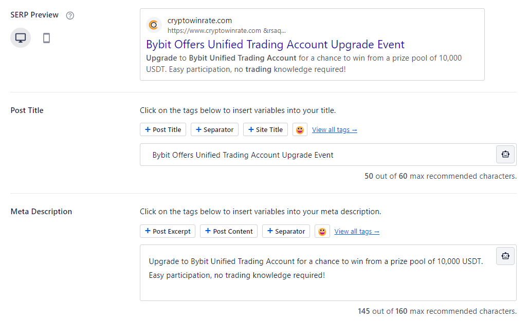 Contagem de caracteres do Título Meta e Descrição Meta na interface do WordPress