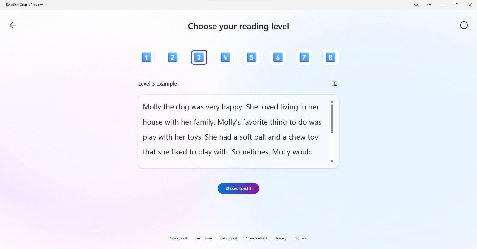 Interagindo com a interface do Microsoft Reading Coach