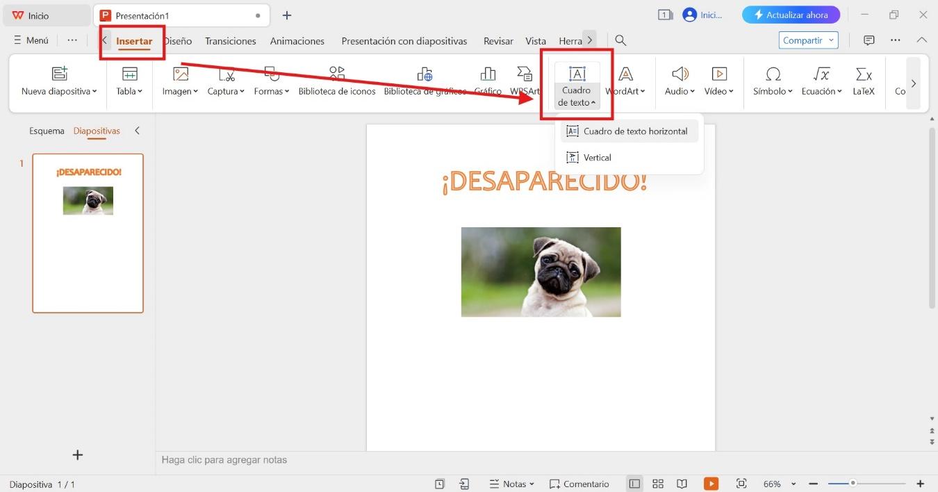 Insertar cuadro de texto en WPS Office
