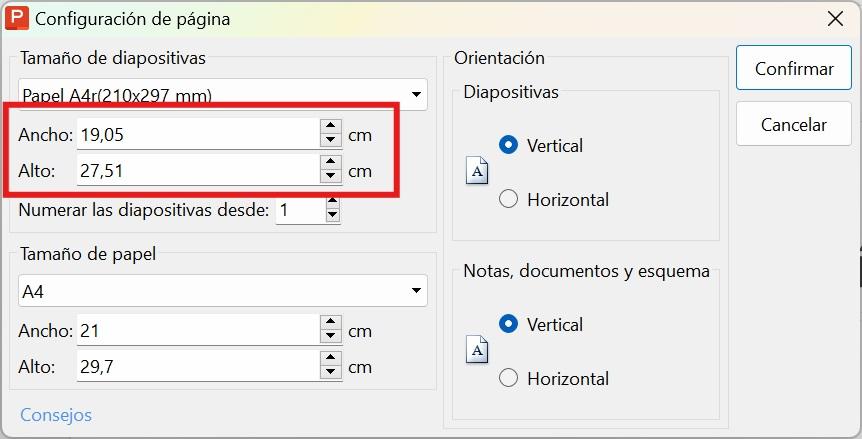 Ventana de Tamaño de Diapositiva de WPS Office