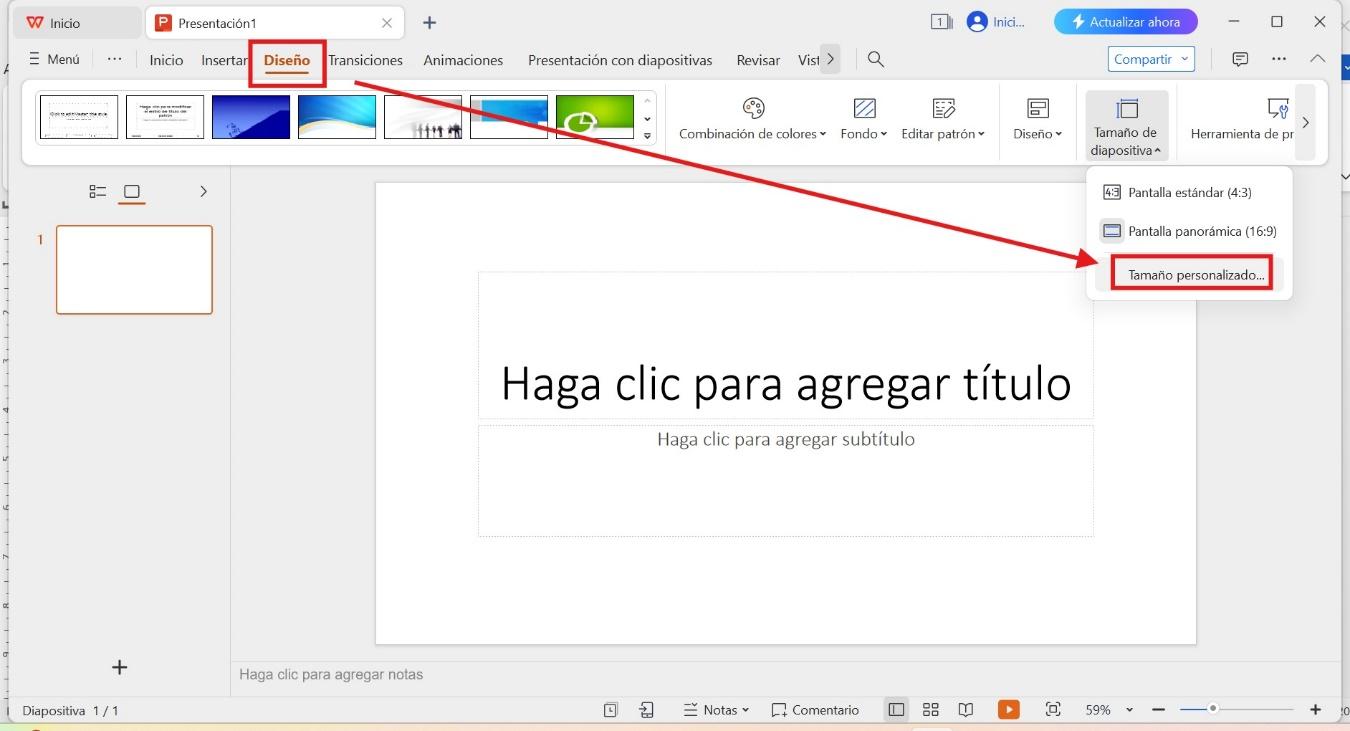 Tamaño personalizado de la diapositiva de WPS Office