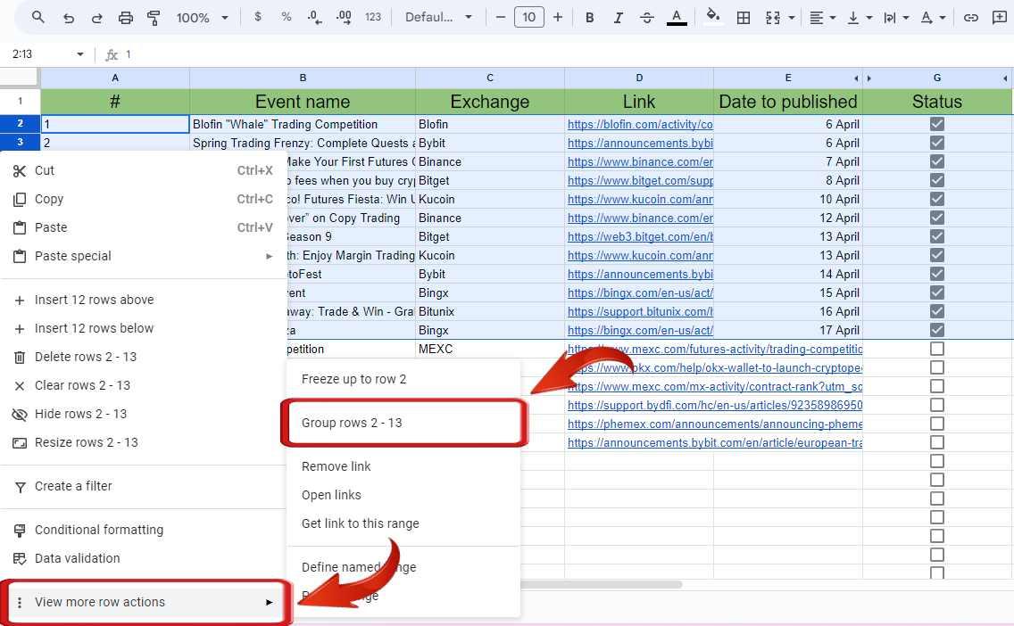 Selecionando a opção 'Agrupar linhas' no menu suspenso no Google Sheets