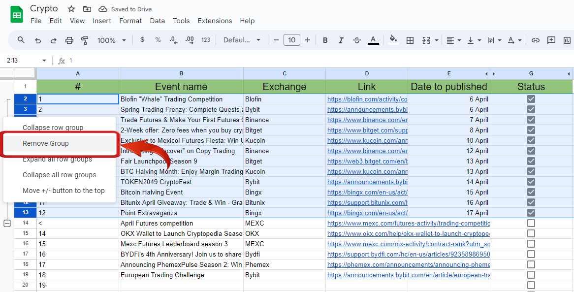 Selecionar a opção 'Remover Grupo' no menu de contexto no Google Sheets