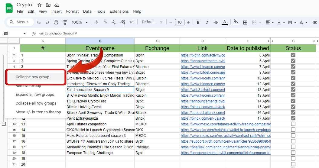 Opção 'Ocultar grupo de linhas' no Google Sheets