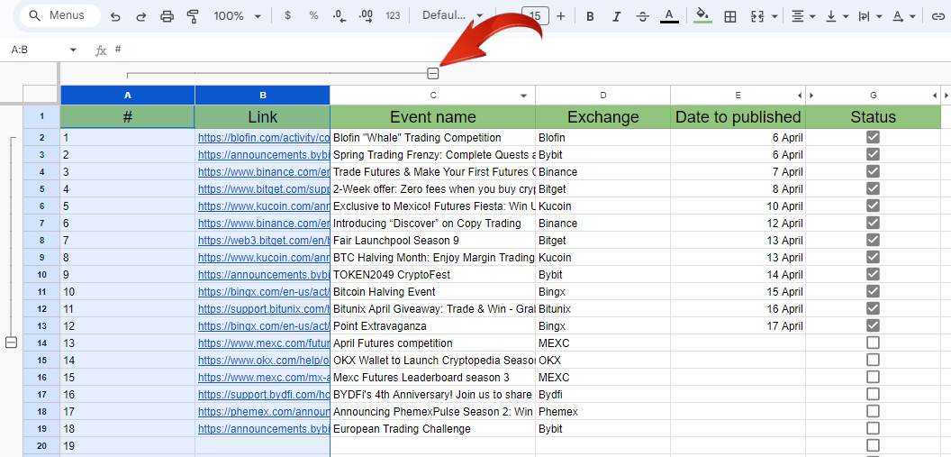 Agrupamento de colunas no Google Sheets