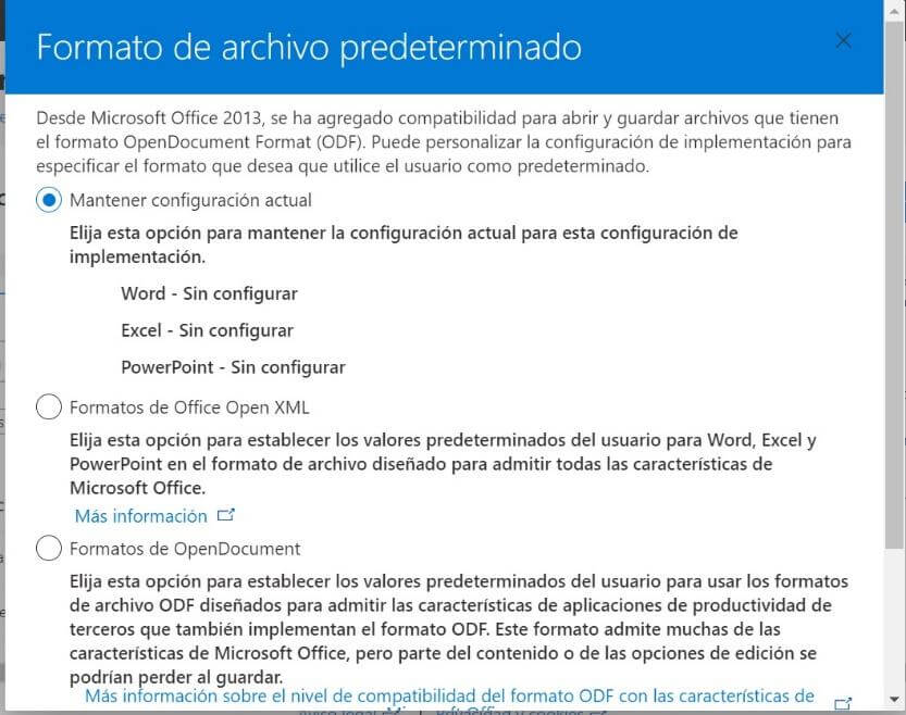 Opciones de exportación en la Herramienta de Configuración de Office