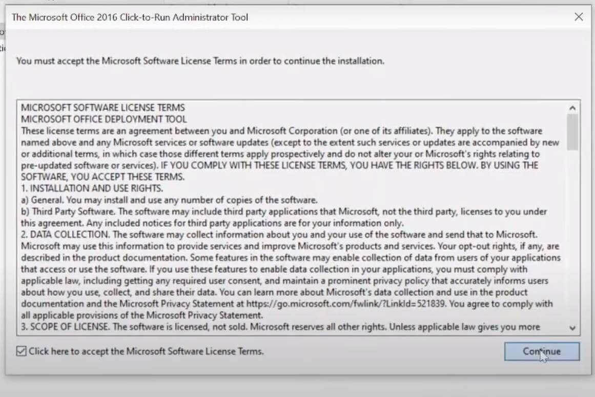 Página de la licencia de la Herramienta de implementación de Office