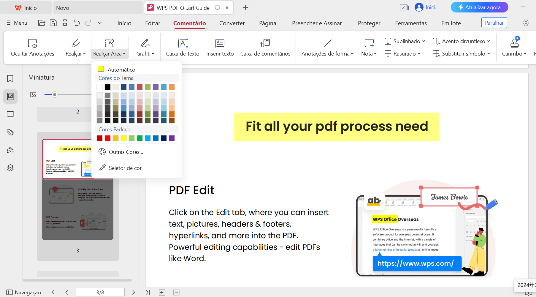 Mais opções de cores da Área de Destaque do PDF do WPS