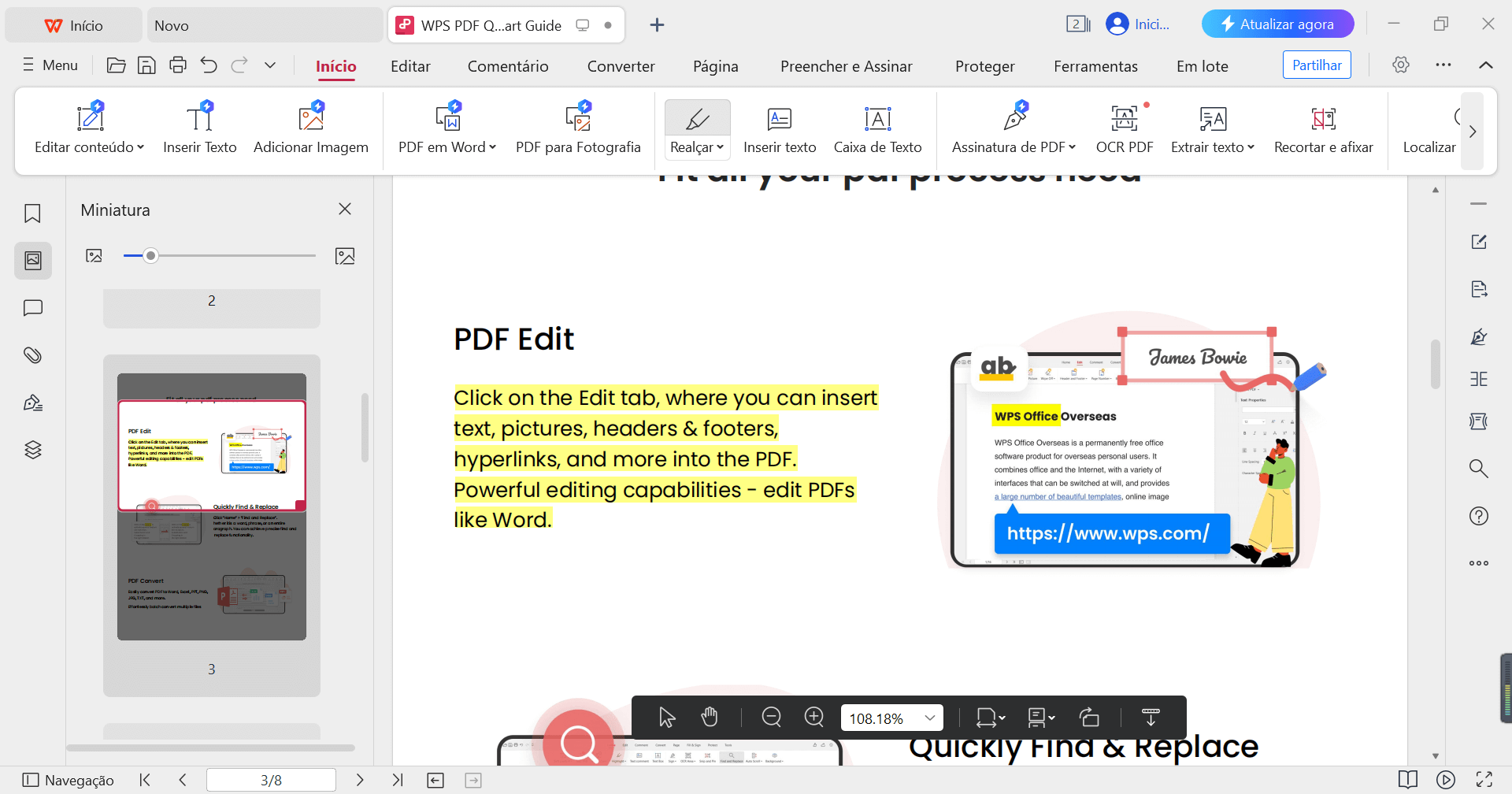 Selecione o texto para marcar no PDF do WPS