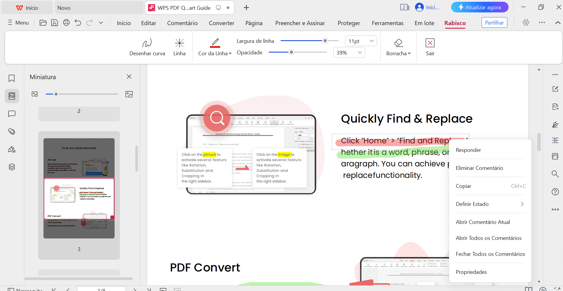 Excluir comentário do PDF do WPS