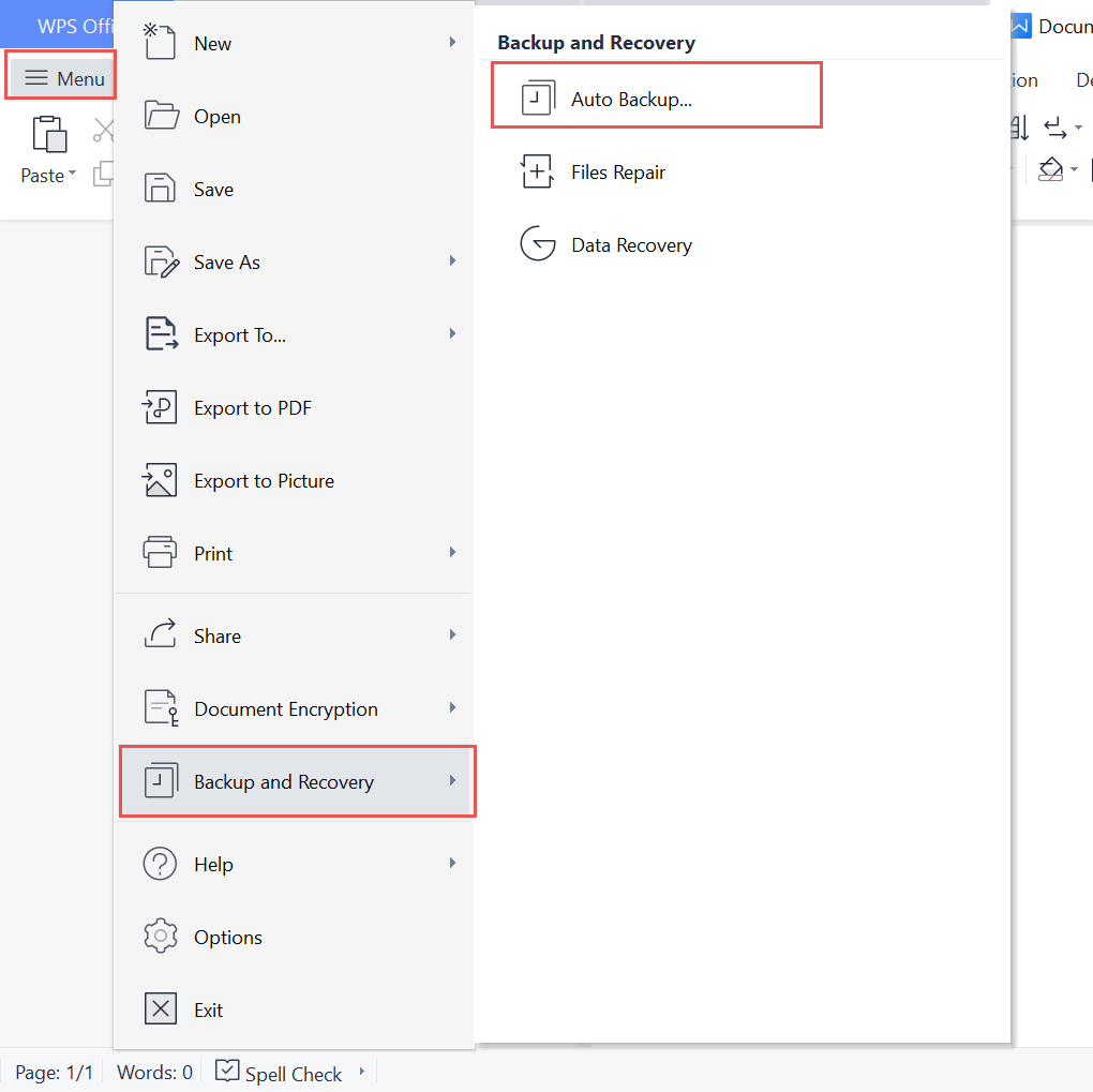 WPS menu Auto Backup path