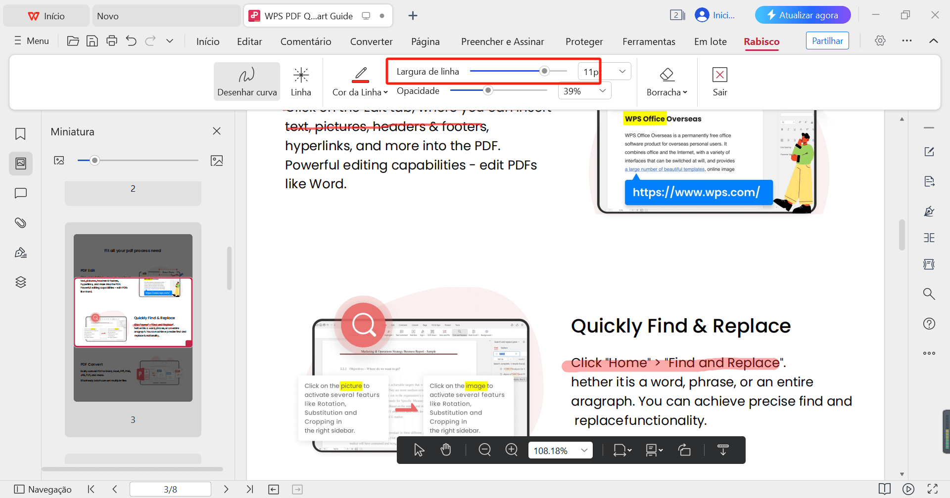 Alterar a largura da linha do desenho do PDF do WPS