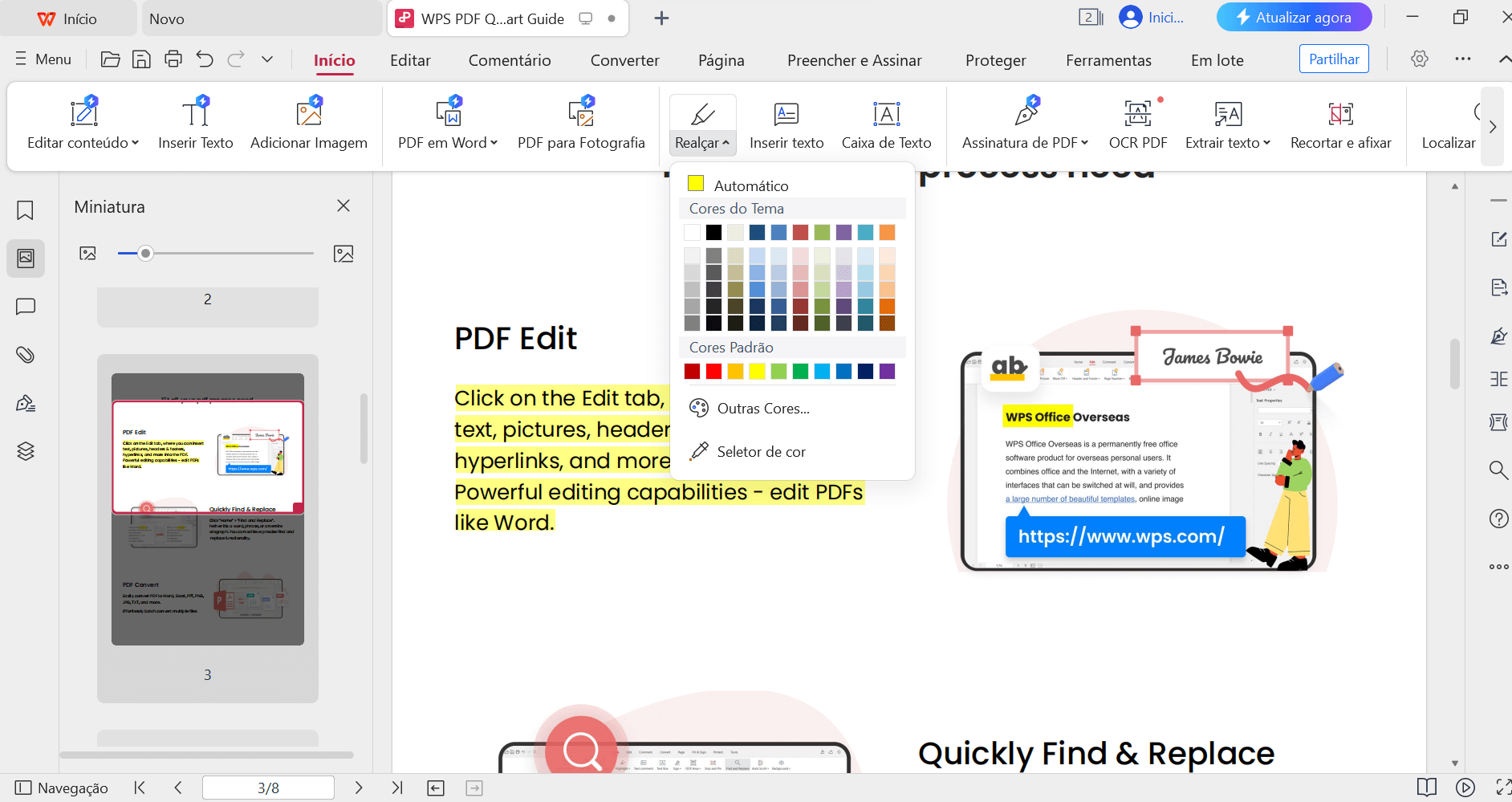 Opções de cor do Destaque do PDF do WPS