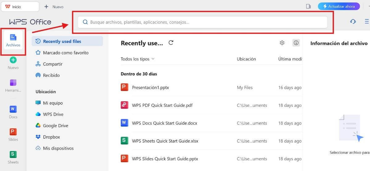Barra de búsqueda de WPS Office