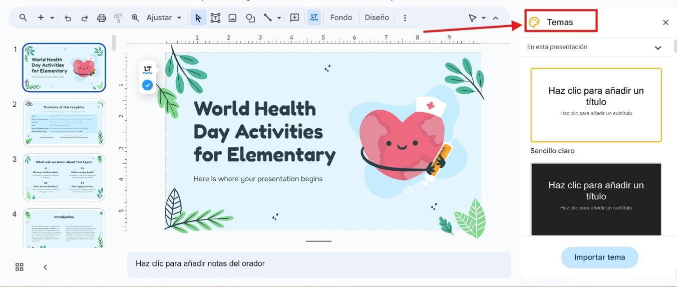 Seleccionar un nuevo tema para su diapositiva de Google Slides